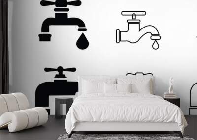 Set of water Faucet Icons in flat and line vectors, Tap sign. Bathroom symbol. Water flows from faucet symbol. Drinking water company symbol for apps and websites, isolated on transparent background, Wall mural