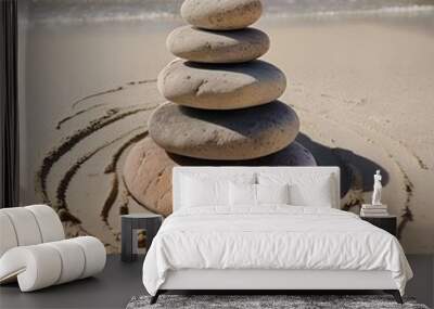 top-view-of-zen-stones-pyramid-on-the-sandy-beach-with-circles-drawn-around-it Wall mural