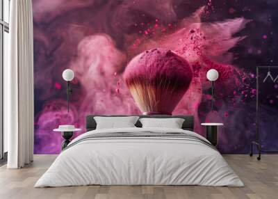 A beautiful makeup brush with pink and brown powders creates a bright and colorful swirl. Wall mural