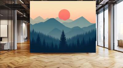 A beautiful poster with a view of sharp, geometric mountains and a forest. It's simple and modern, with a single pine tree and a Japanese feel. Wall mural