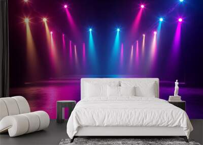 A dark stage with bright spotlights, glowing with neon light. It's an abstract background, with neon colors making a dazzling light show. Wall mural