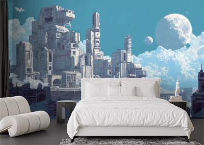 A drawing of city buildings and objects made for a video game. Wall mural