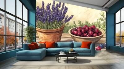 A drawing shows a pot of lavender flowers and a bowl of berries on a wooden table. Wall mural