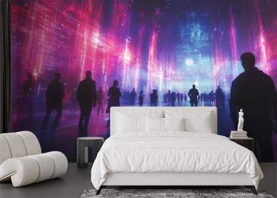 A futuristic picture showing a network of glowing lights and lines, with people connected to it. Wall mural