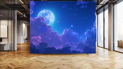 A gorgeous night sky shines with a full moon and puffy clouds in the pretty shades of blue, purple, and black. Wall mural