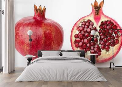 A juicy pomegranate, cut in half, shows off its bright red seeds. It looks beautiful and tastes sweet, plus it's good for you. Wall mural