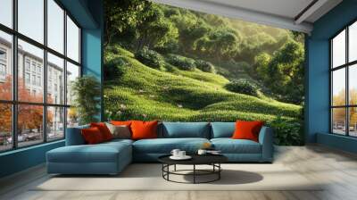 A lush, green hillside with plants and trees. It's a beautiful summer scene. Wall mural