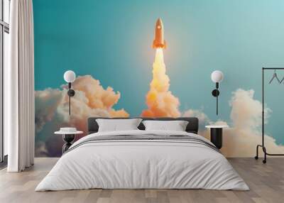 A new thought or idea, symbolized by a light bulb, shoots up into the sky like a rocket. It is captured as a flat lay, a type of photography where objects are arranged flat on a surface. Wall mural