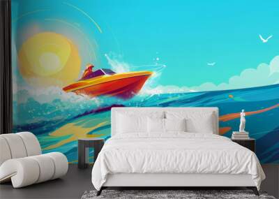 A person enjoying a sunny summer day on a speedboat, with waves splashing Wall mural