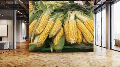 A photo of fresh corn in the market. The corn has its husk and cob, and is surrounded by leaves. Wall mural