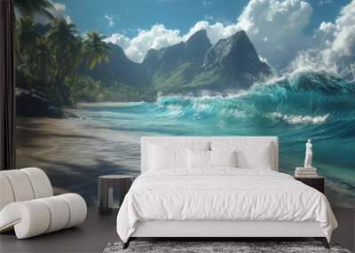 A picture with layered waves and a beach scene, both made with computer graphics. Wall mural