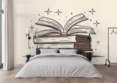 A stack of magic books, drawn in a simple line style, is shown open, with the concept being isolated. Wall mural