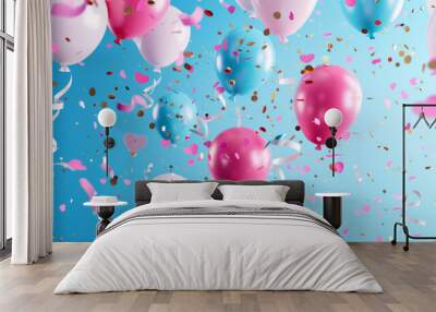 Birthday balloon background ribbon card design 3D multi colored Wall mural