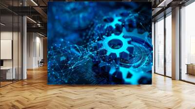 Blue gears with a wireframe mesh illustrate 3D vectors. This design represents technical security, online support, industrial innovation, engineering, digital technology, and cybersecurity. Wall mural