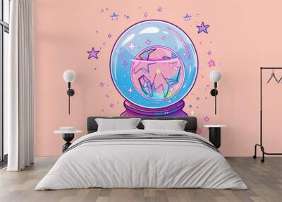 Cute crystal ball with stars, drawn in outline style. Astrological sticker in simple line art. Icon or print for predicting the future. Fortune teller witch. Wall mural