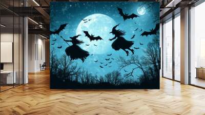 Cute witches and bats flying against a moonlit sky. Perfect for Halloween! Wall mural