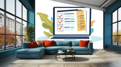 Online survey or quiz on a laptop screen. The screen displays a checklist with checkmarks, illustrating an online form and the concept of a to-do list. Wall mural