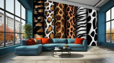 This is a collection of animal prints for fabrics. It includes patterns like leopard, giraffe, tiger, and zebra. The designs are seamless and can be used to create clothing or other items. Wall mural