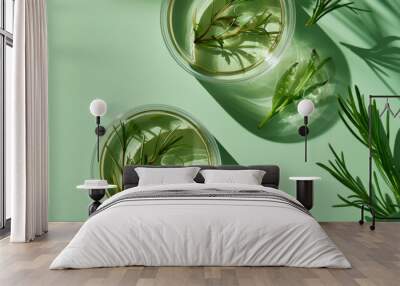 Two petri dishes on a green background are filled with tea tree leaves and liquid. This represents lab testing and research into natural extracts for making cosmetics. Wall mural