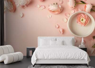 Feminine Flat Lay with Fresh Flowers and Copy Space Wall mural