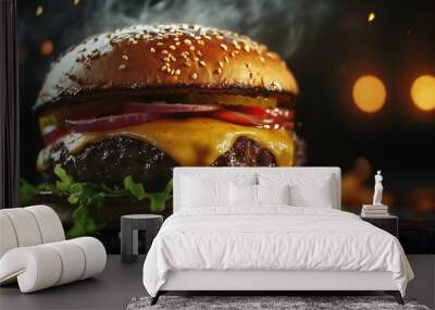 Hearty Cheeseburger with Rustic Buns and Indulgent Ingredients  National Cheeseburger Day Wall mural