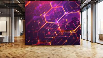 Hexagon web banner with a futuristic concept and a digital pattern in purple and orange Wall mural