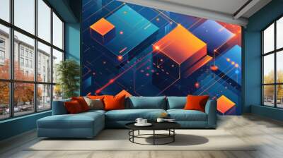 Minimalistic web template with an orange and blue gradient, square shapes, and a futuristic style Wall mural