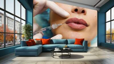 Lips augmentation injections for attractive girl. Plastic surgeon does injection in lip in medical clinic. Cosmetic rejuvenating facial treatment. Empty space for advert Wall mural