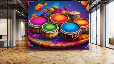 Holi background with dums and flowers Wall mural