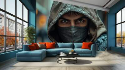 Man in a Hoodie and Face Mask, a Close-up Portrait Wall mural