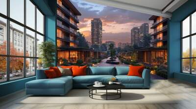 Modern Apartment Complex with Lush Greenery at Dusk Wall mural