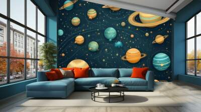 There are swirling patterns in the background that add to the mystical aura of the galaxy. The overall tone is fantastical and otherworldly, with bright colors contrasting against the dark backdrop. Wall mural