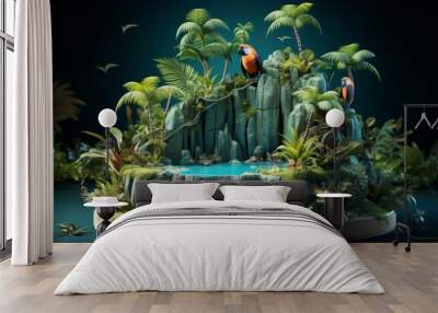 Tropical Island Paradise with Two Macaws Wall mural