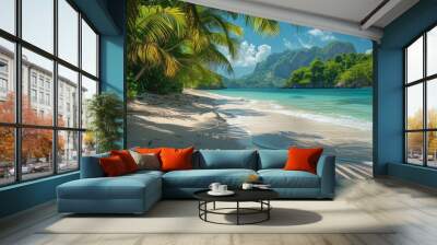 Tropical Paradise: Palm Trees Frame Pristine Beach Wall mural