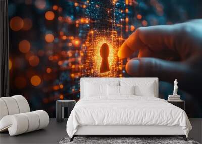 Unlocking the Digital World: A Hand Reaching for a Keyhole in a Futuristic Interface Wall mural