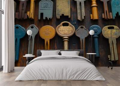 Vintage Keys Aligned on Wooden Surface Wall mural