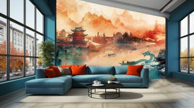 Watercolor Landscape of a Chinese Village with a Dragon Wall mural