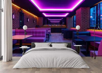 A modern, stylish bar interior featuring purple lighting, brick walls, and comfortable seating, creating a vibrant atmosphere. Wall mural