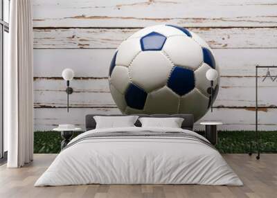 soccer ball on grass with wooden wall Wall mural