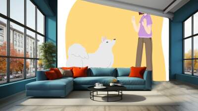 Young woman training samoyed dog breed to patiently waiting for treat vector Wall mural