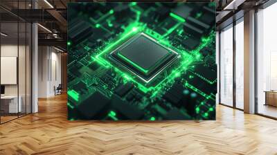 The Heart of Tech: A close-up, abstract image of a computer processor glowing with green light, emphasizing the power and complexity of modern technology. The intricate circuitry and glowing core evok Wall mural