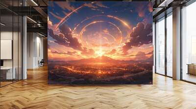 anime concept sky sunset landscape background eclipse, ai Wall mural