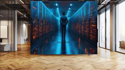 Network Engineer IT technician Monitoring Data in futuristic Server Room, ai Wall mural