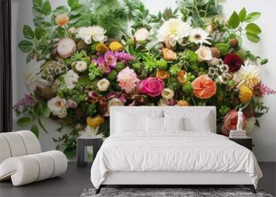 oval flower arrangement flora bouquet for wedding and decoration white background Wall mural