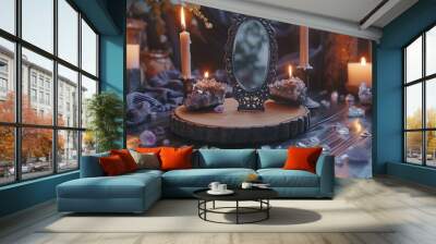 Ornate Mirror, Burning Candles, and Amethyst Crystals on Wooden Tabletop Wall mural