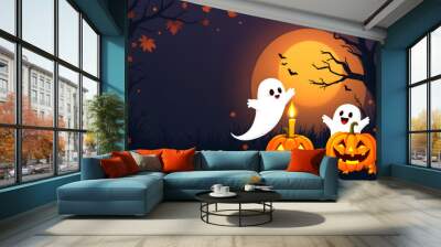 Cute Ghosts and Jack-o'-Lanterns for Halloween Wall mural