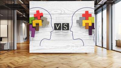 Heads of two people with colourful shapes of abstract brain for concept of idea and teamwork. Two people with different thinking. Wall mural