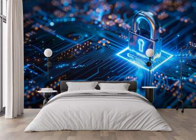 Horizontal lock with blue light on an electronic circuit. Cyber security data protection business privacy concept. Generative AI. Wall mural