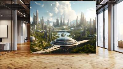 Utopian landscape with city. Futuristic green city concept. Wall mural