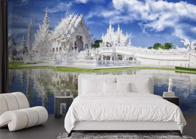 Wat Rong Khun The White Temple and pond with fish, in Chiang Rai, Thailand Wall mural